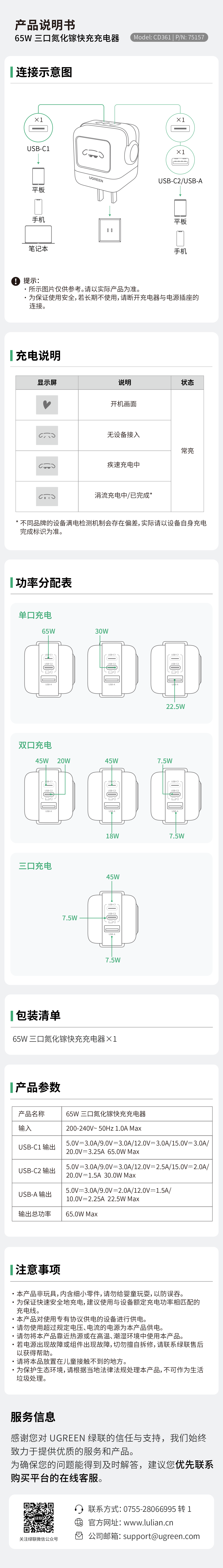 65W三口氮化镓快充充电器，配备显示屏，支持双口/三口智能功率分配